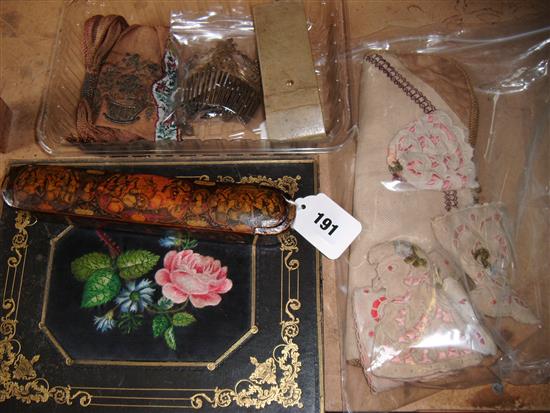 Kashmiri lacquered pen box, embroidered writing case, shagreen spectacles case, gloves & sundries